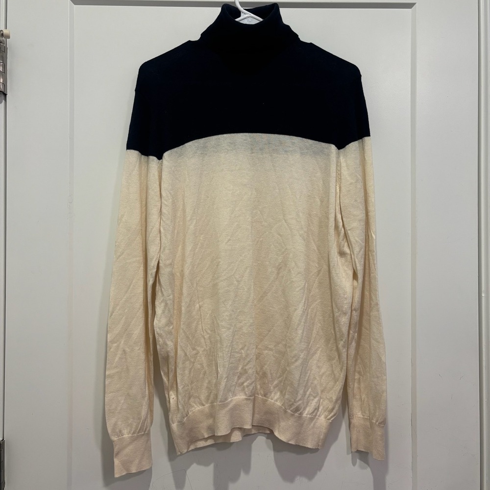 Ann Taylor Mens XLT Colorblock Turtleneck Sweater Merino Wool‎ Navy Blue Cream